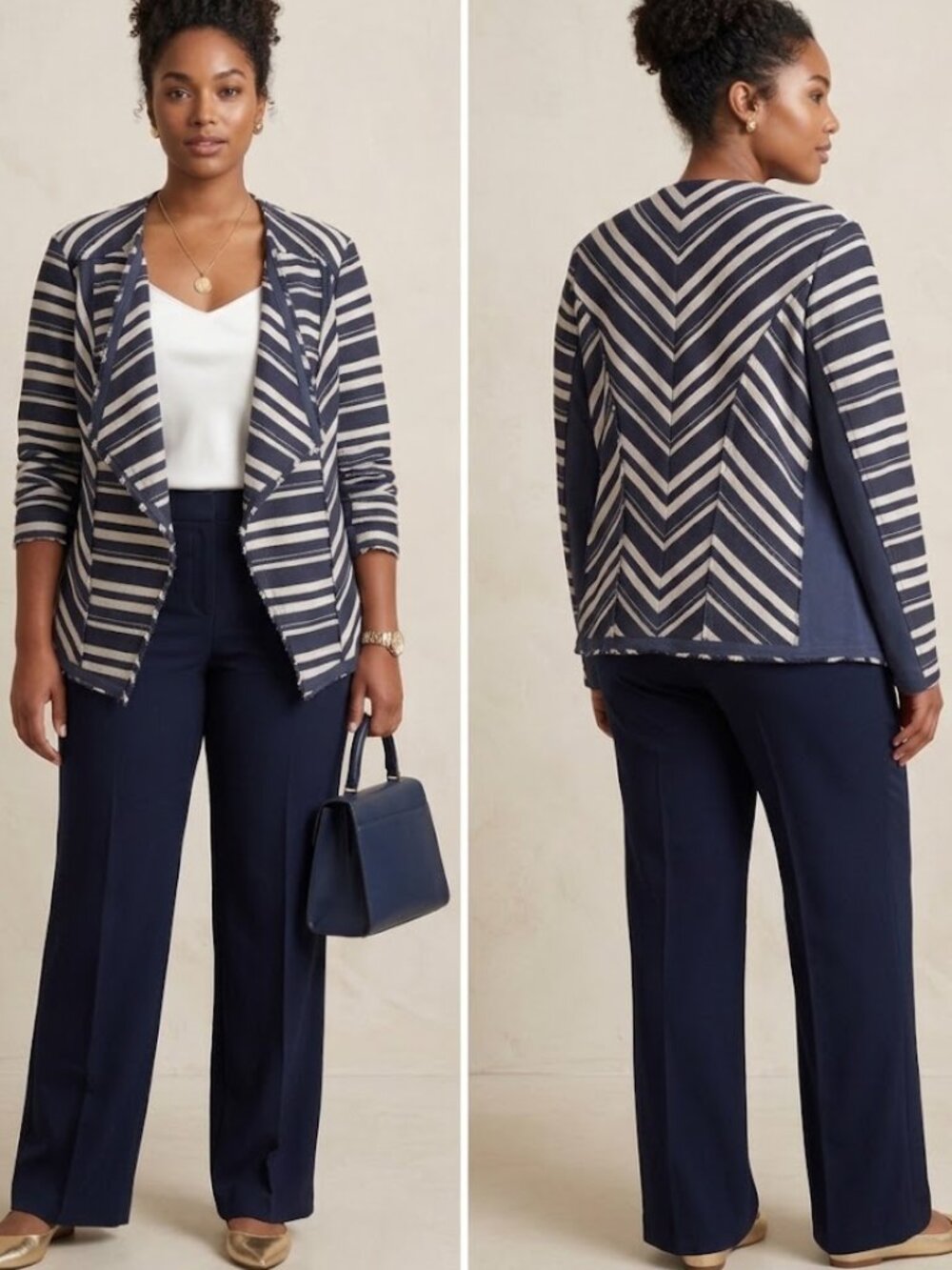 NWT Lane Bryant Navy White Striped Fringe Open Front Stretch Blazer Womens 14
